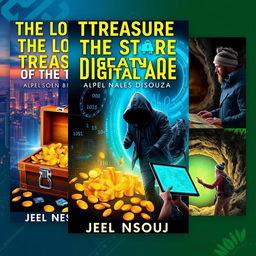 Three distinct book covers for an adventure and mystery novel titled 'The Lost Treasure of the Digital Age' by Joel Nelson Dsouza, featuring a modern digital landscape with treasure maps and symbols of technology, such as cryptographic codes and binary sequences