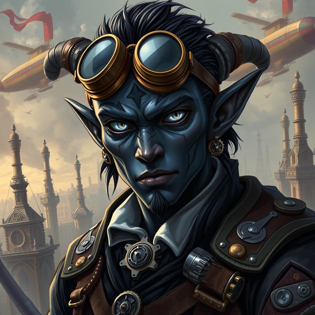 A male tiefling with obsidian skin and striking silver eyes, wearing steampunk-style goggles