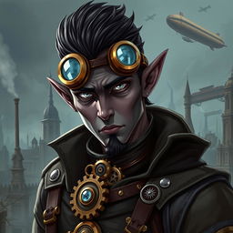 A male tiefling with obsidian skin and striking silver eyes, wearing steampunk-style goggles