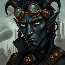 A male tiefling with obsidian skin and striking silver eyes, wearing steampunk-style goggles