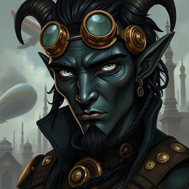 A male tiefling with obsidian skin and striking silver eyes, wearing steampunk-style goggles