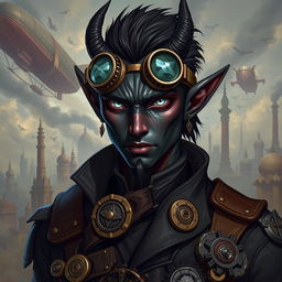 A male tiefling with obsidian skin and striking silver eyes, wearing steampunk-style goggles