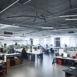 A bustling modern office space with employees engaged in various tasks. Computers, documents, and office equipment neatly arranged. An atmosphere of productivity and teamwork is evident.