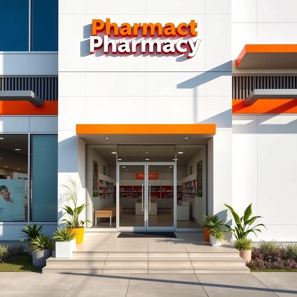 An exterior design for a modern pharmacy building, featuring a clean and minimalist style