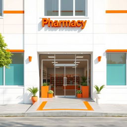 An exterior design for a modern pharmacy building, featuring a clean and minimalist style