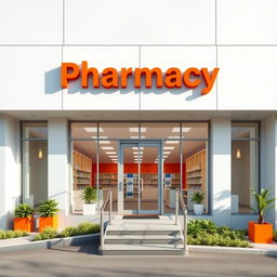 An exterior design for a modern pharmacy building, featuring a clean and minimalist style