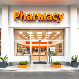 An exterior design for a modern pharmacy building, featuring a clean and minimalist style