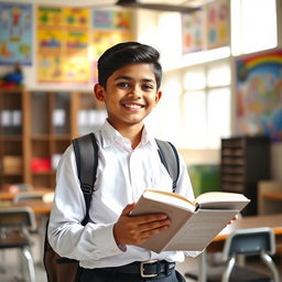 A cheerful Bangladeshi boy in class 10, happily smiling while reading