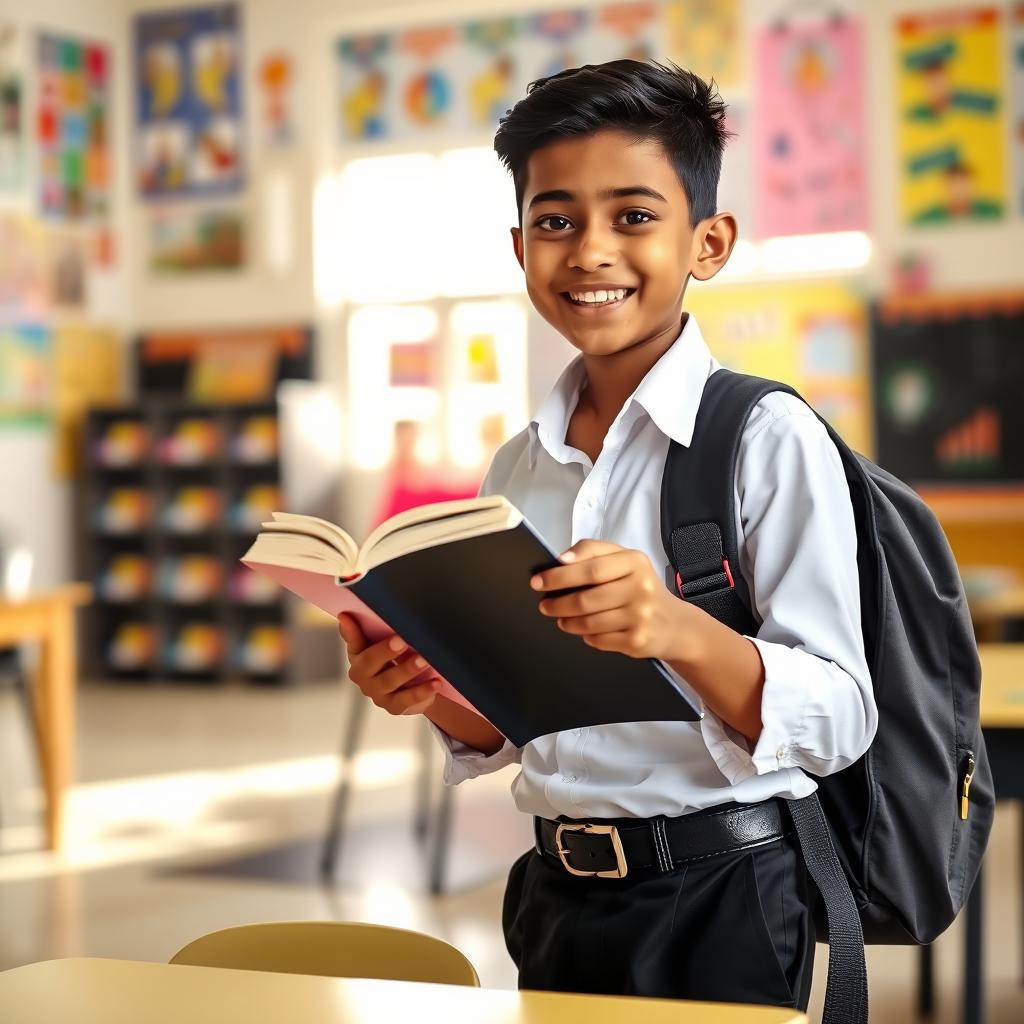 A cheerful Bangladeshi boy in class 10, happily smiling while reading