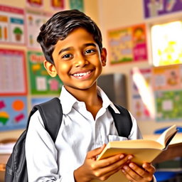 A cheerful Bangladeshi boy in class 10, happily smiling while reading