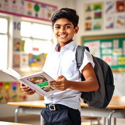 A cheerful Bangladeshi boy in class 10, happily smiling while reading