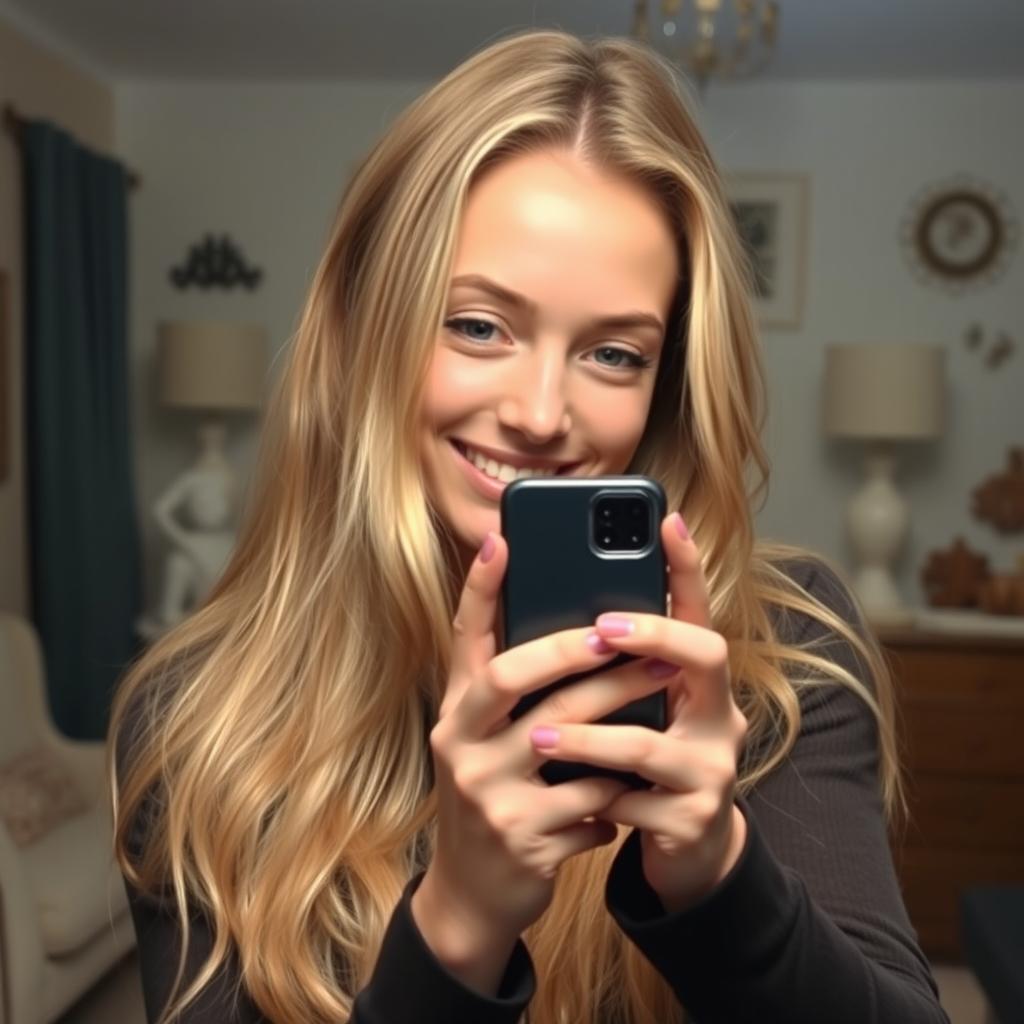 A young woman with long blonde hair capturing a photo in front of a mirror