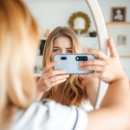 A young woman with long blonde hair capturing a photo in front of a mirror
