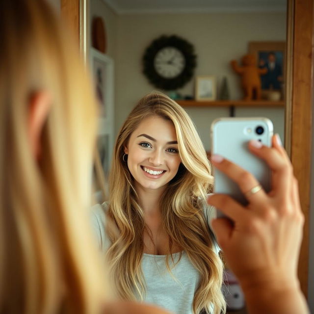 A young woman with long blonde hair capturing a photo in front of a mirror