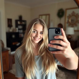 A young woman with long blonde hair capturing a photo in front of a mirror