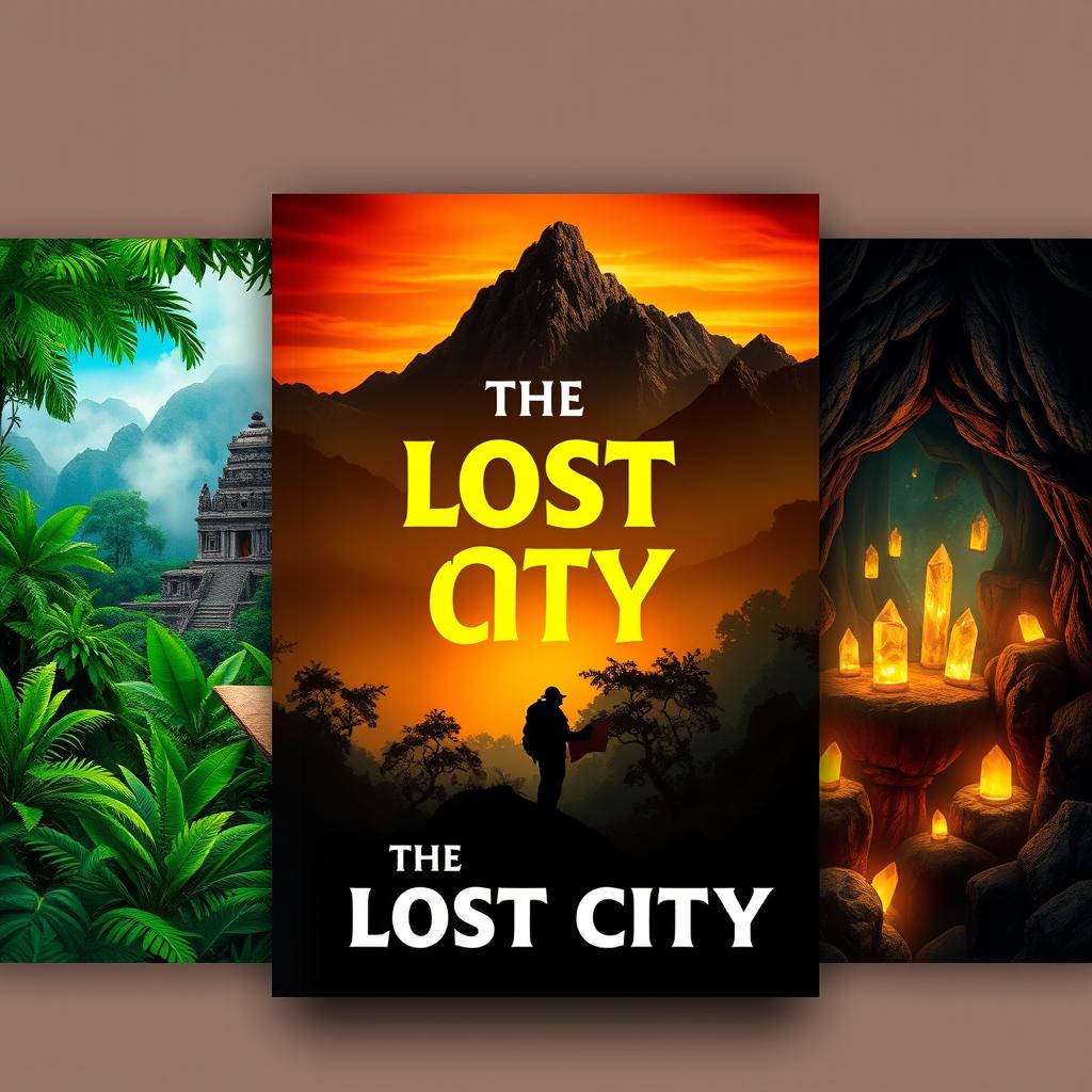 Three distinct book covers for an adventure and mystery novel titled 'The Lost City'