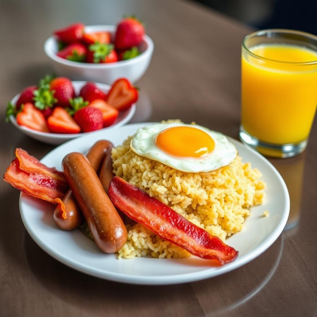 A beautiful plate of garlic fried rice topped with a perfectly cooked sunny-side-up egg, served alongside two crispy bacon strips and two juicy sausages