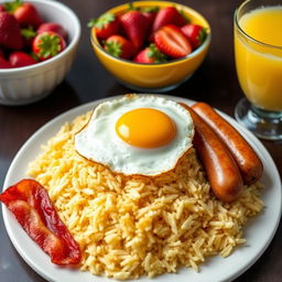 A beautiful plate of garlic fried rice topped with a perfectly cooked sunny-side-up egg, served alongside two crispy bacon strips and two juicy sausages