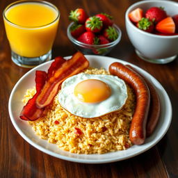 A beautiful plate of garlic fried rice topped with a perfectly cooked sunny-side-up egg, served alongside two crispy bacon strips and two juicy sausages