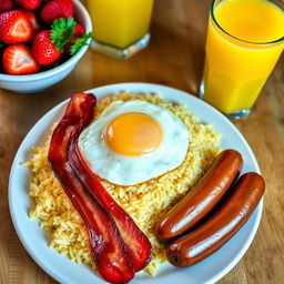A beautiful plate of garlic fried rice topped with a perfectly cooked sunny-side-up egg, served alongside two crispy bacon strips and two juicy sausages