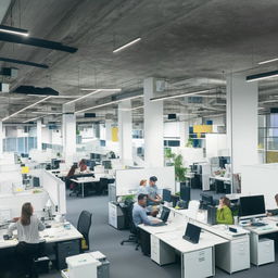 A bustling modern office space with employees engaged in various tasks. Computers, documents, and office equipment neatly arranged. An atmosphere of productivity and teamwork is evident.