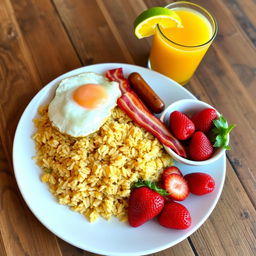 A beautifully arranged plate of 1 serving of garlic fried rice, garnished with a perfectly fried sunny-side-up egg on top