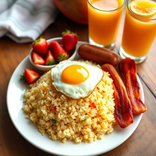 A beautifully arranged plate of 1 serving of garlic fried rice, garnished with a perfectly fried sunny-side-up egg on top