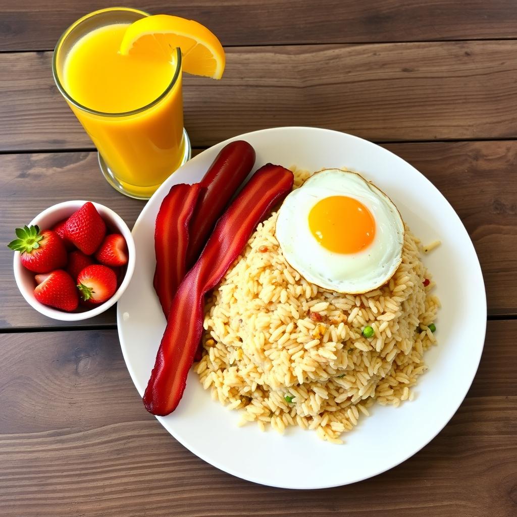 A beautifully arranged plate of 1 serving of garlic fried rice, garnished with a perfectly fried sunny-side-up egg on top