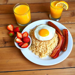 A beautifully arranged plate of 1 serving of garlic fried rice, garnished with a perfectly fried sunny-side-up egg on top
