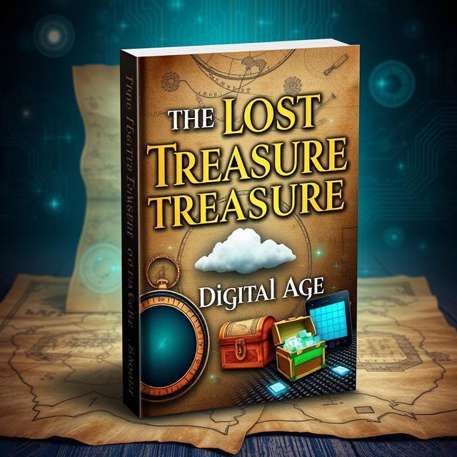 A beautifully designed book cover titled 'The Lost Treasure of the Digital Age', featuring an eye-catching design that combines elements of treasure maps and modern digital symbols