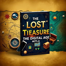 A beautifully designed book cover titled 'The Lost Treasure of the Digital Age', featuring an eye-catching design that combines elements of treasure maps and modern digital symbols
