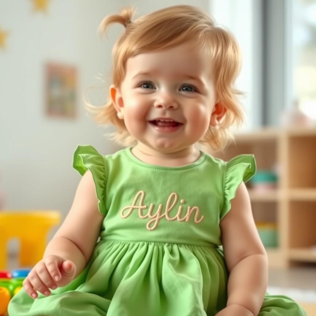 A cute one-year-old girl with golden hair, wearing a pistachio green dress with the name 'Aylin' beautifully embroidered on it