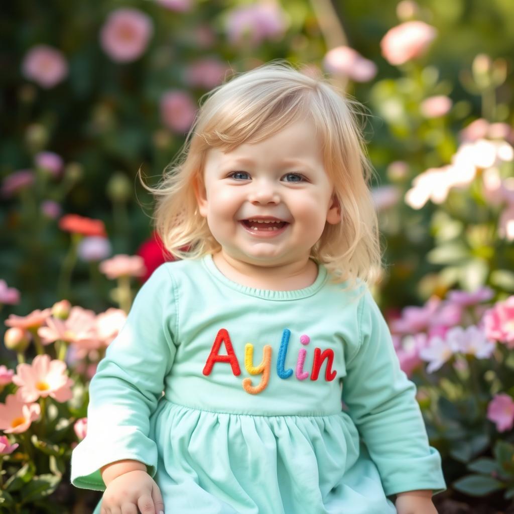 A one-year-old girl with blonde hair wearing a long-sleeve mint green dress