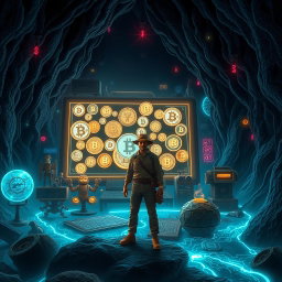 An adventurous scene depicting the concept of 'The Lost Treasure of the Digital Age'