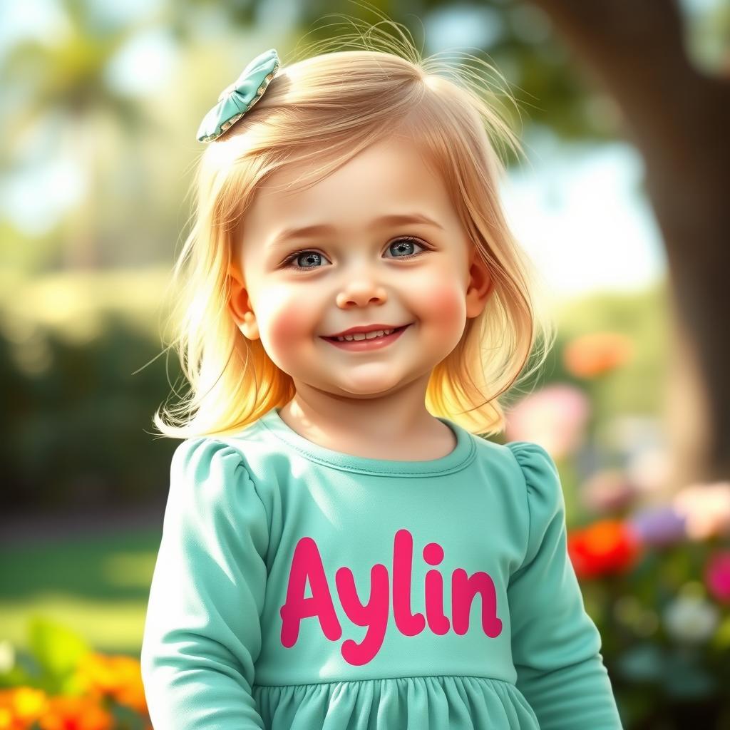 A realistic depiction of a one-year-old girl with blonde hair, wearing a long-sleeve mint green dress