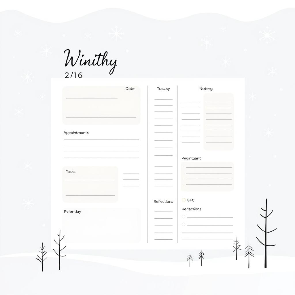 A daily planner page design specifically for psychology students, featuring a winter theme with minimalistic aesthetics