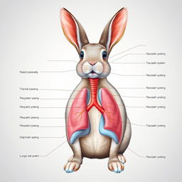 An ultra-detailed, high-resolution illustration of a rabbit's respiratory system, showcasing the anatomy with clear labels for each identified structure
