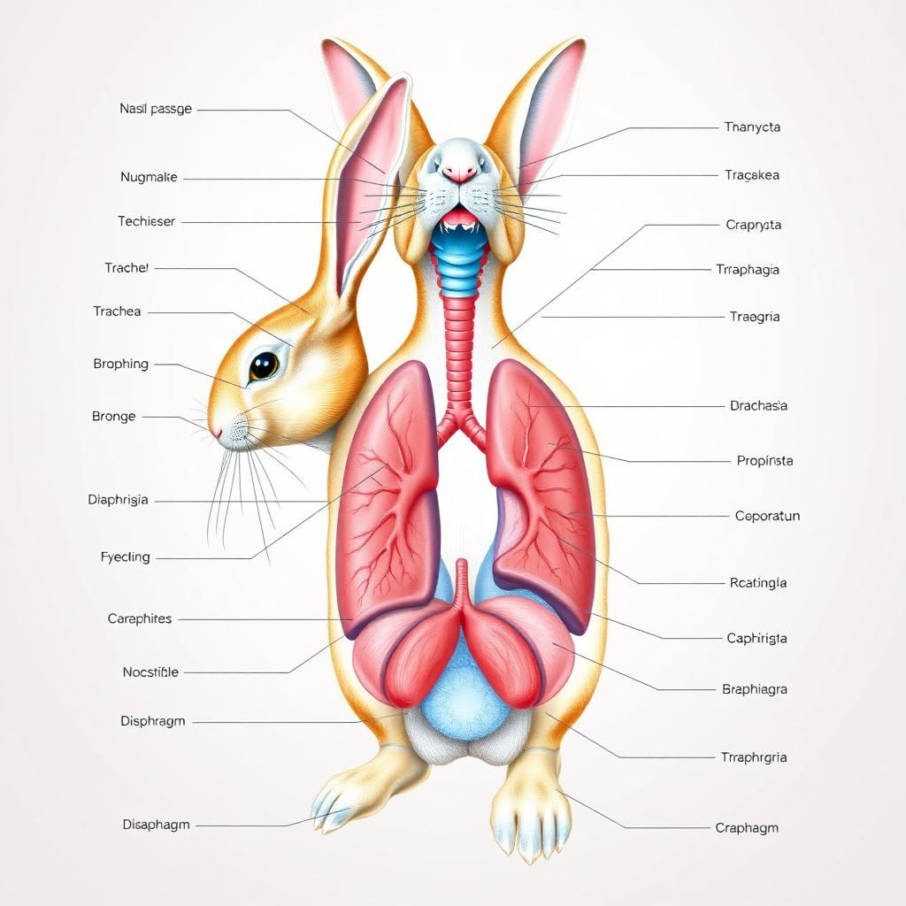 An ultra-detailed, high-resolution illustration of a rabbit's respiratory system, showcasing the anatomy with clear labels for each identified structure