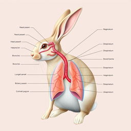 An ultra-detailed, high-resolution illustration of a rabbit's respiratory system, showcasing the anatomy with clear labels for each identified structure