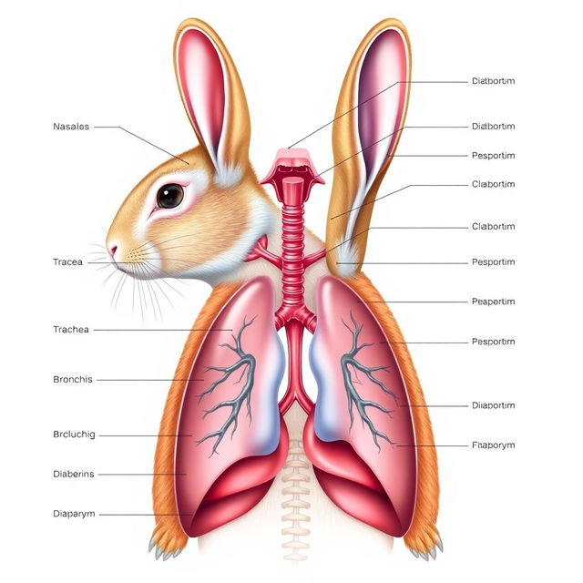 An ultra-detailed, high-resolution illustration of a rabbit's respiratory system, showcasing the anatomy with clear labels for each identified structure
