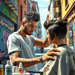 A man appearing as if he is inside a video game reminiscent of GTA, engaged in the act of hairstyling