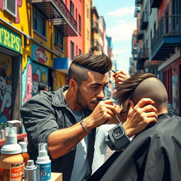 A man appearing as if he is inside a video game reminiscent of GTA, engaged in the act of hairstyling