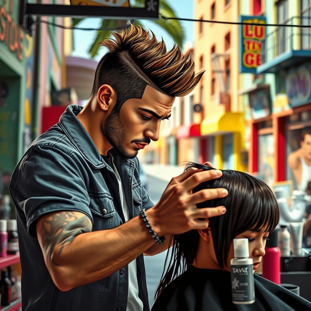 A man appearing as if he is inside a video game reminiscent of GTA, engaged in the act of hairstyling