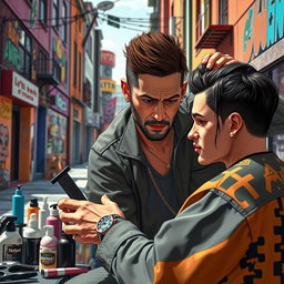A man appearing as if he is inside a video game reminiscent of GTA, engaged in the act of hairstyling