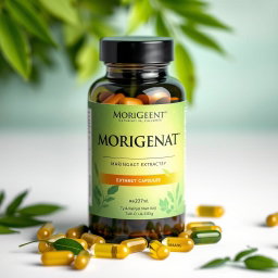 A beautifully designed bottle of Moringa extract capsules, prominently labeled with the word 'MORIGENAT' in elegant typography