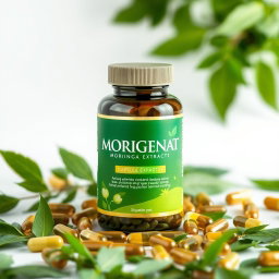 A beautifully designed bottle of Moringa extract capsules, prominently labeled with the word 'MORIGENAT' in elegant typography
