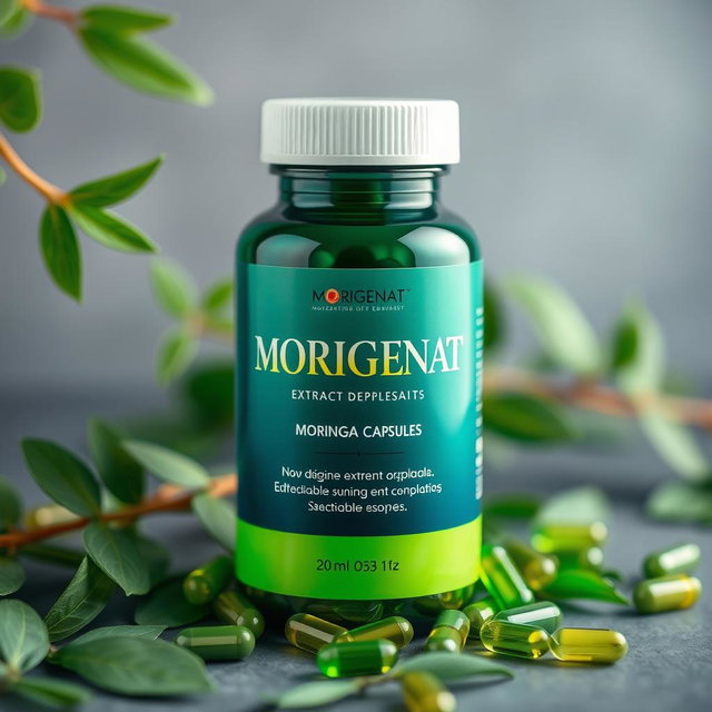 A beautifully designed bottle of Moringa extract capsules, prominently labeled with the word 'MORIGENAT' in elegant typography