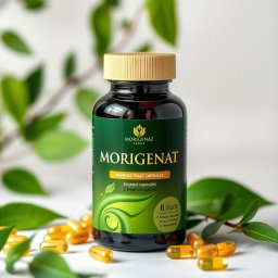 A beautifully designed bottle of Moringa extract capsules, prominently labeled with the word 'MORIGENAT' in elegant typography