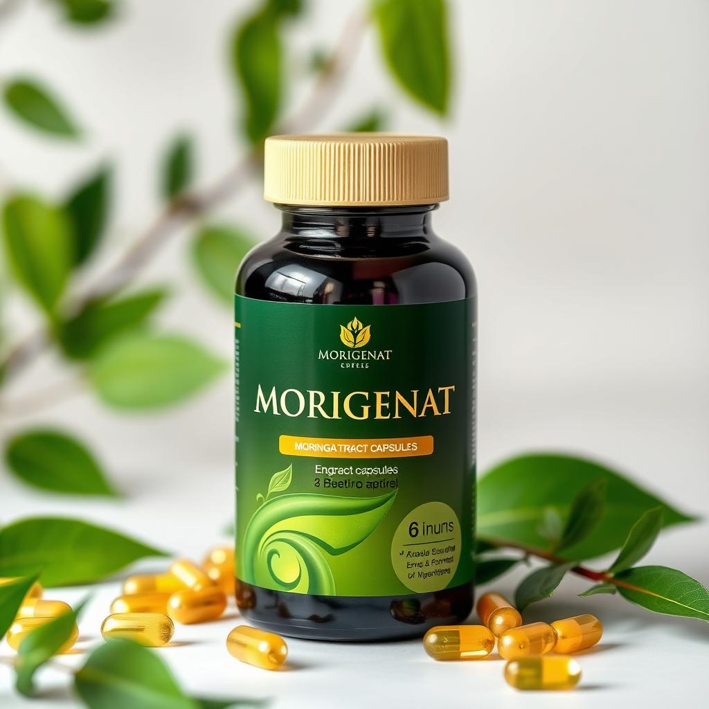A beautifully designed bottle of Moringa extract capsules, prominently labeled with the word 'MORIGENAT' in elegant typography