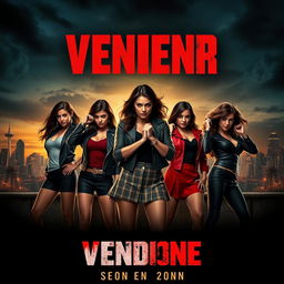 A captivating movie poster showcasing five young women united in a powerful stance, each embodying strength and determination while seeking vengeance against their aggressors